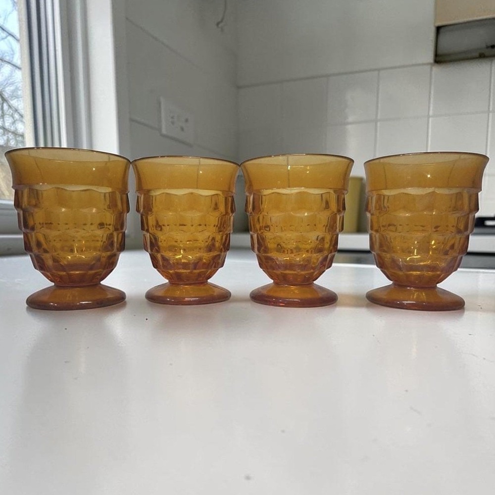 Indiana Glass Colony Whitehall Amber Tumblers, Set of 4 Vintage Cubist Glassware